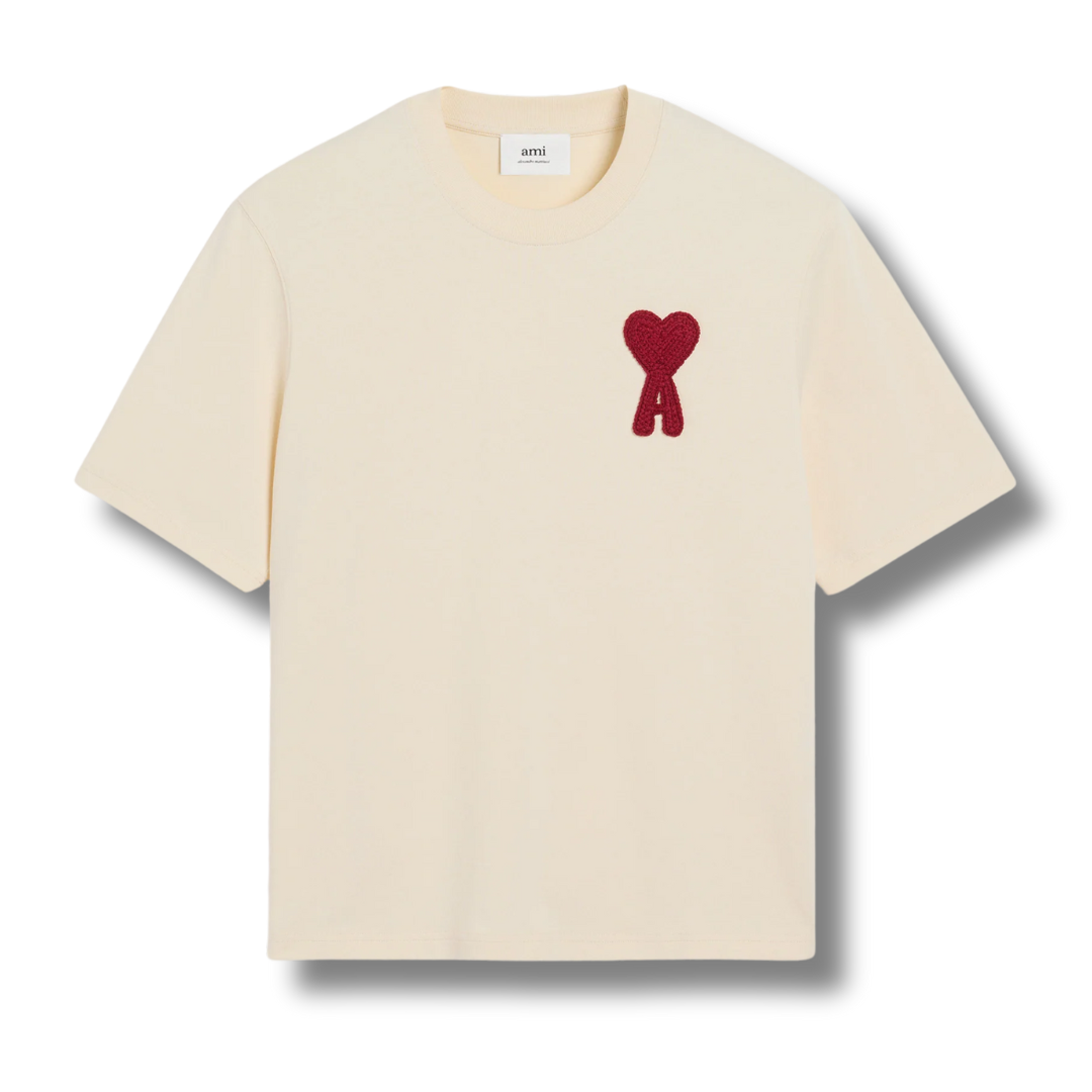 Ami Paris Big Red Heart Knitted Logo T-Shirt Beige - Newbear