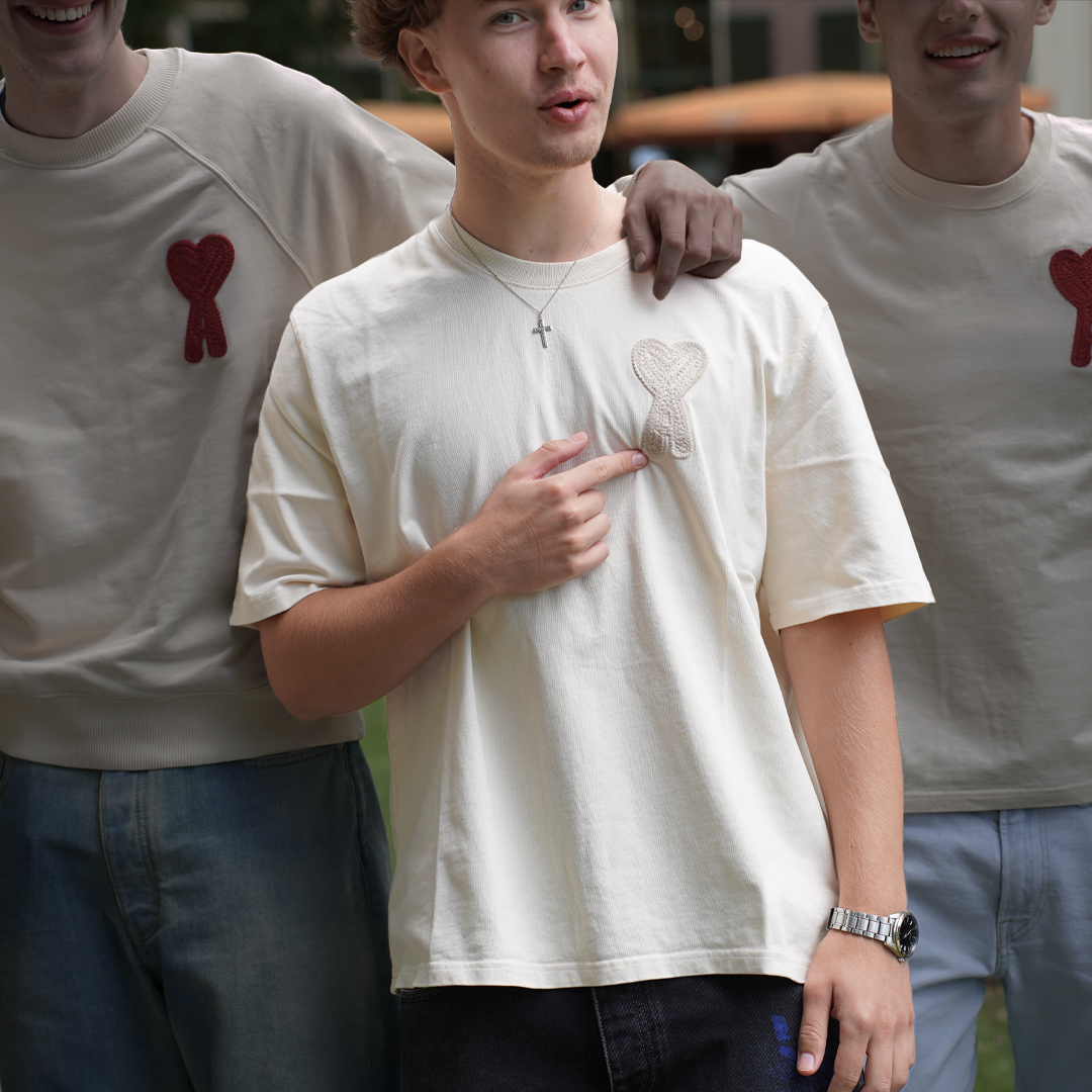 Ami Paris Big Beige Heart Knitted Logo T-Shirt Beige