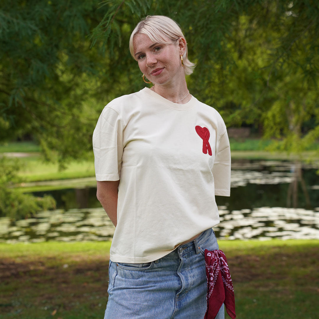 Ami Paris Big Red Heart Knitted Logo T-Shirt Beige